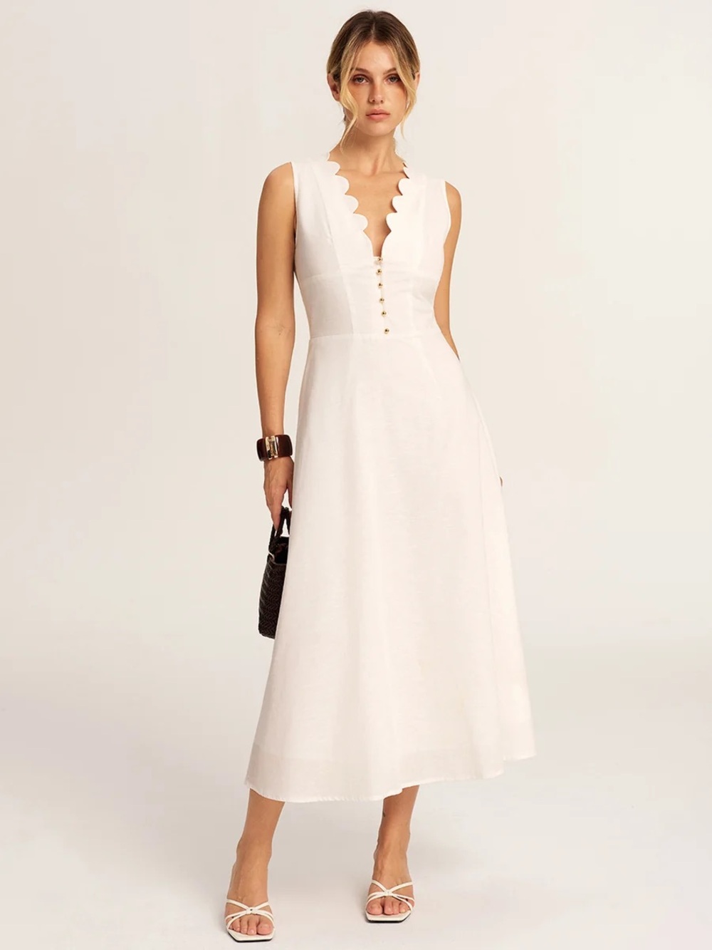 Commense Scalloped Neckline Cotton Linen Midi Dress